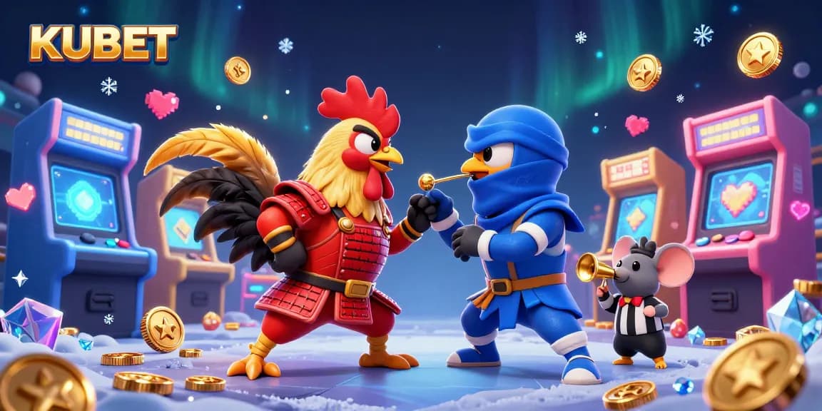 KUBET offers an exciting visual of cartoon roosters in battle, capturing thrilling online betting experiences.