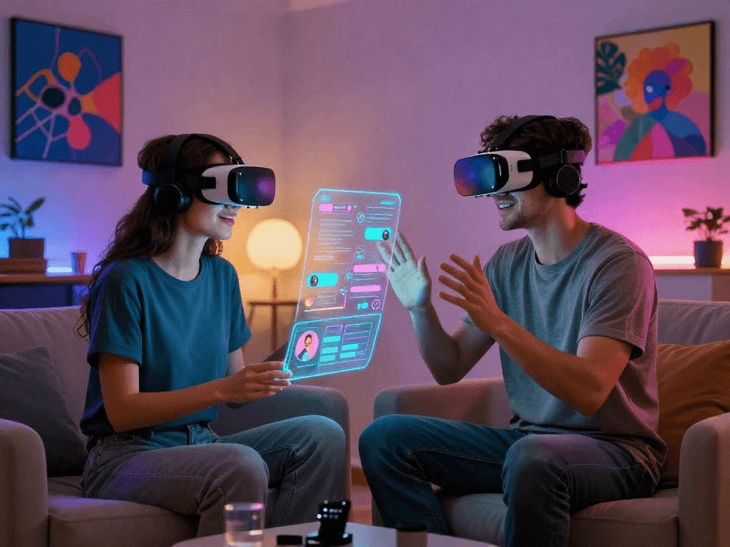 Engaging in a virtual ai sex chat with immersive holographic interface and AI avatar.