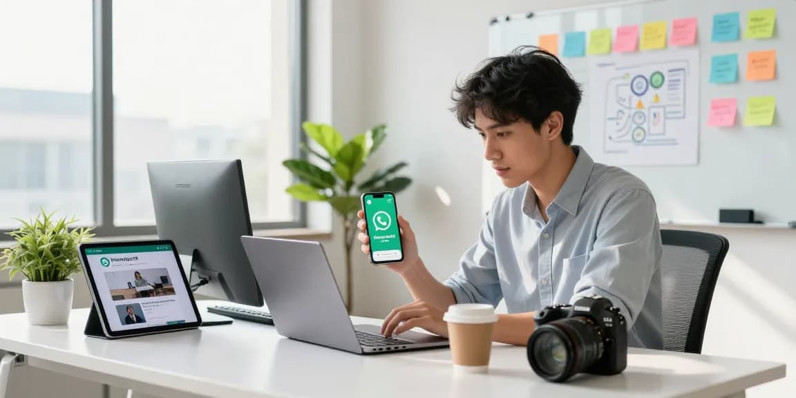 Young professional focused on downloading WhatsApp下載 on a laptop at a modern office workspace.