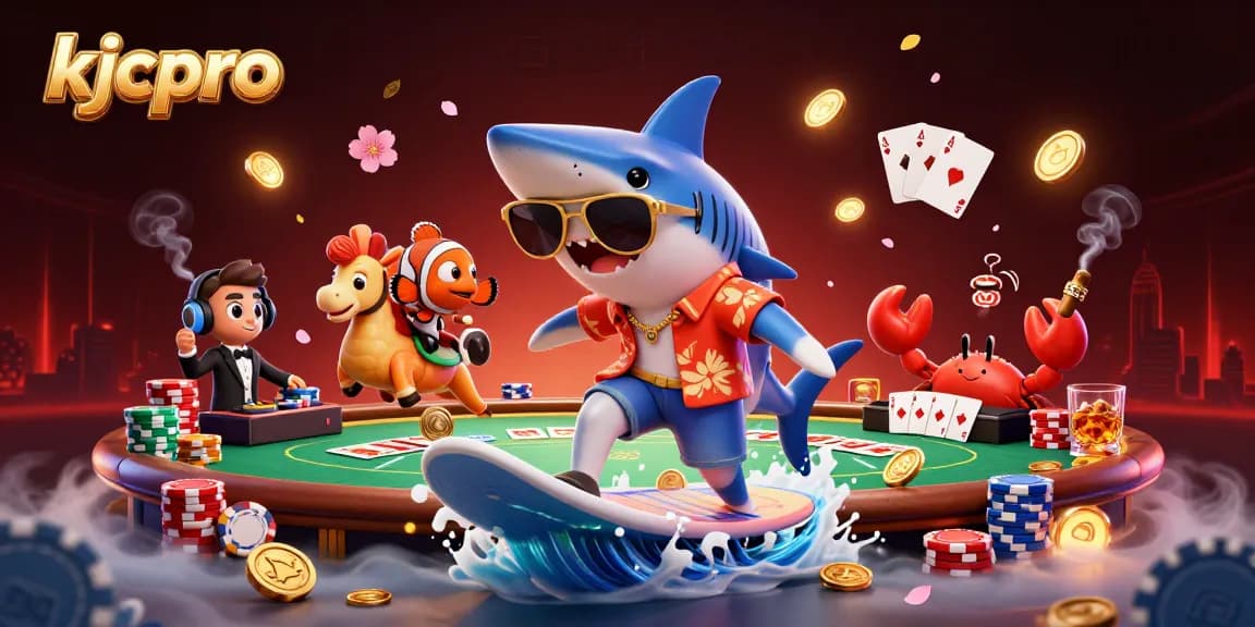 Experience thrilling wins at kjcpro with a cartoon shark, vibrant casino elements, and lively gameplay.