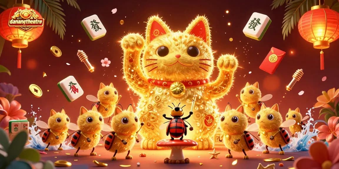 Experience the thrill of winning at danangtheatre with vibrant casino elements and a giant lucky cat