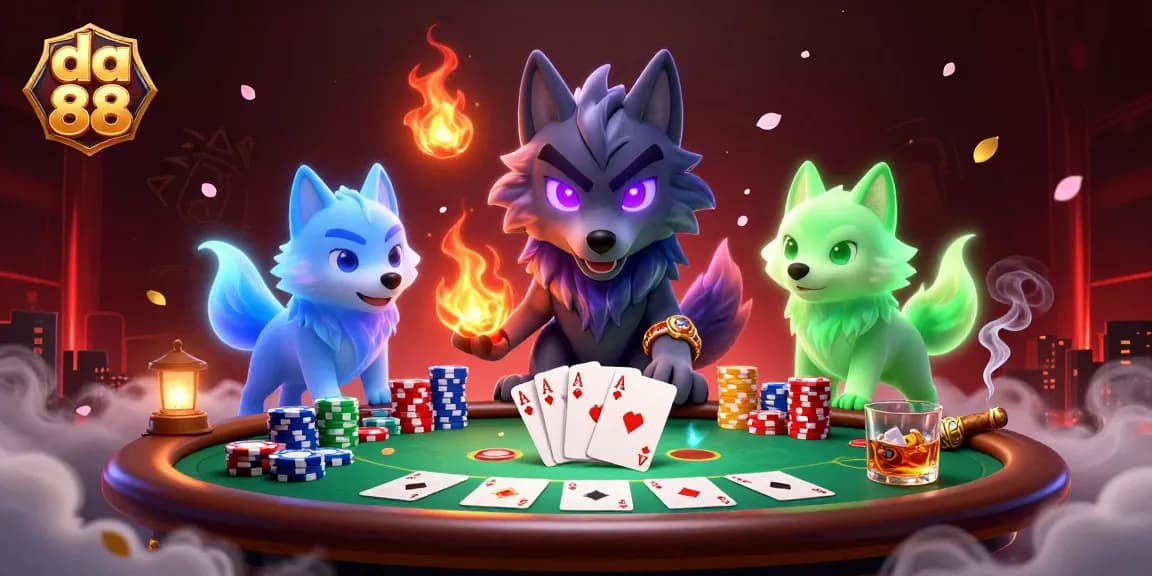 Experience the thrill of poker at da 88 with glowing wolf characters and a vibrant casino atmosphere.