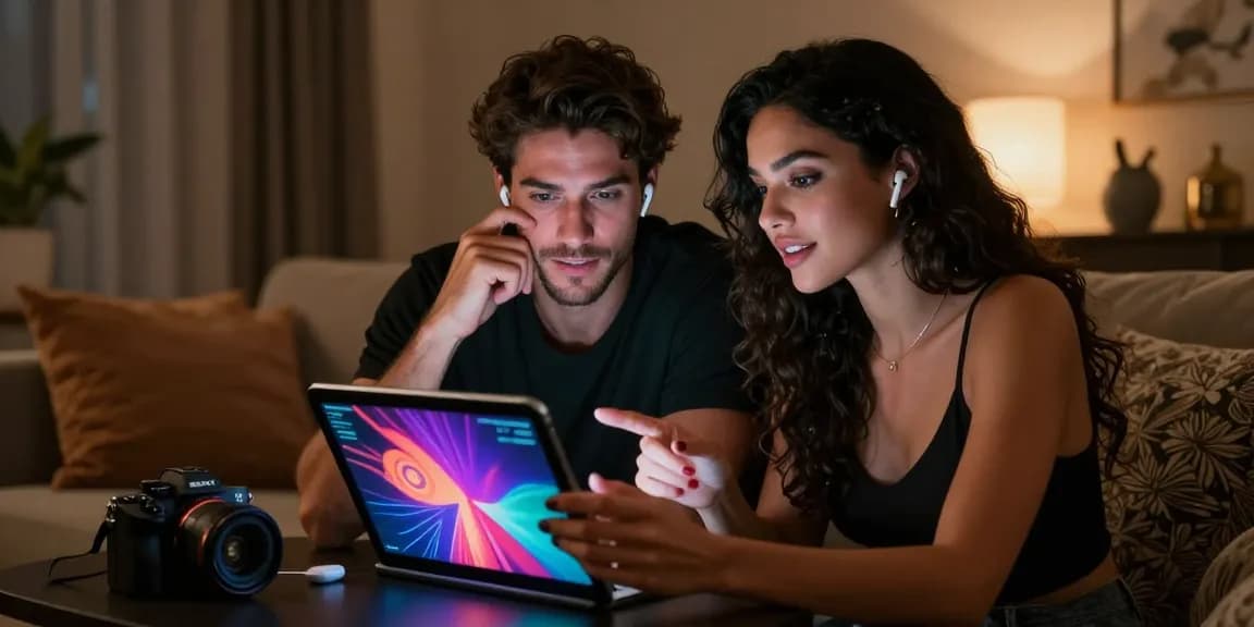 Couple enjoying immersive NSFW AI conversation on a sleek tablet in a cozy, intimate setting.