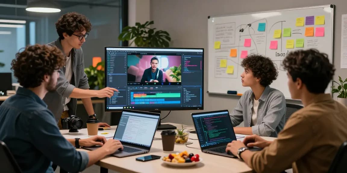 Team collaborating on AI video generator project in a modern workspace, showcasing technology and creativity.