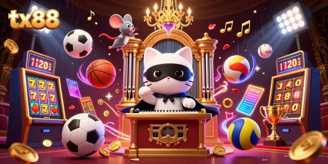 Engage with the vibrant tx88 casino scene featuring a dynamic phantom cat and sports elements.