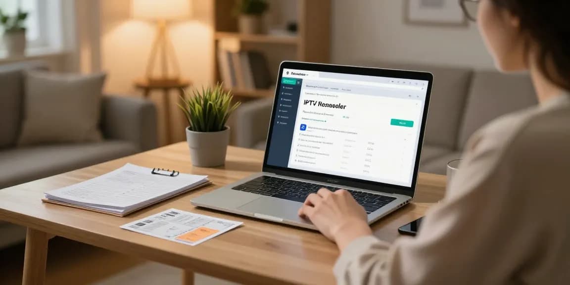 IPTV reseller UK managing credits in a professional home office, community service provider.