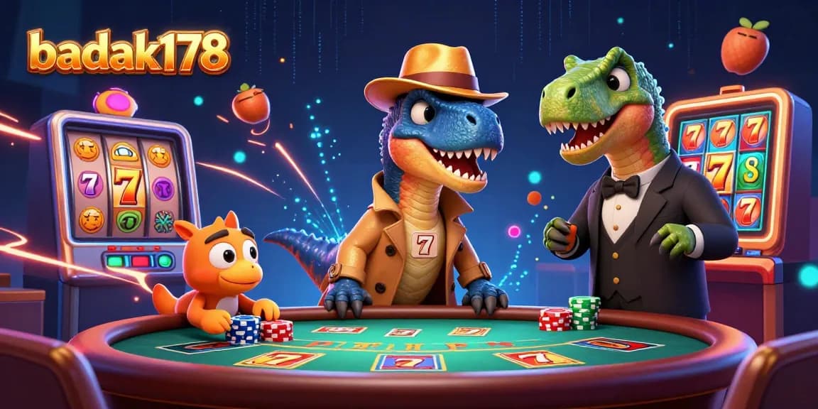 Experience immersive gameplay with badak178 as cartoon dinosaurs engage at a lively casino table.