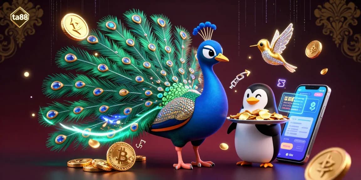 Play at ta88 for thrilling crypto casino experiences with a vibrant peacock and lively characters.
