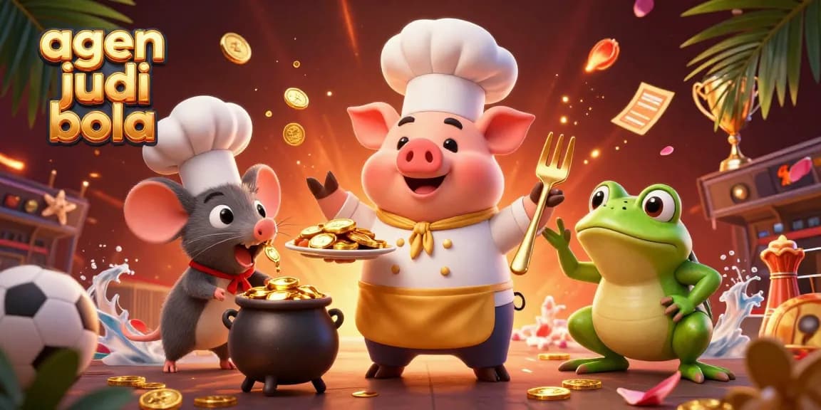 Engage with agen judi bola as a chef pig serves golden coins in an exciting sports betting scene.