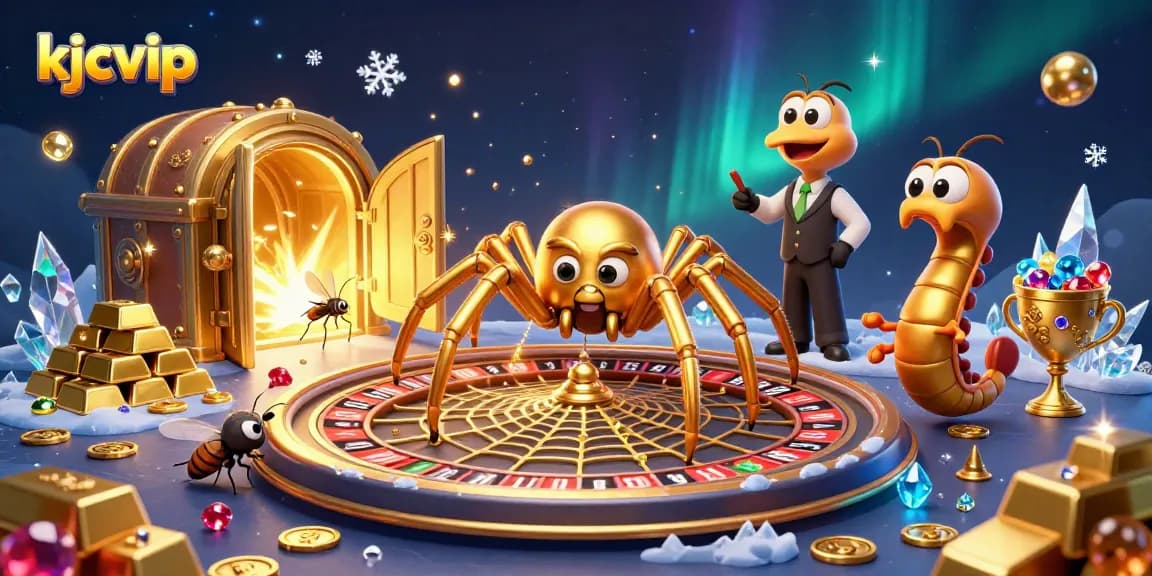 Place bets confidently with kjcvip's thrilling 3D casino illustration featuring a spider croupier and gems.
