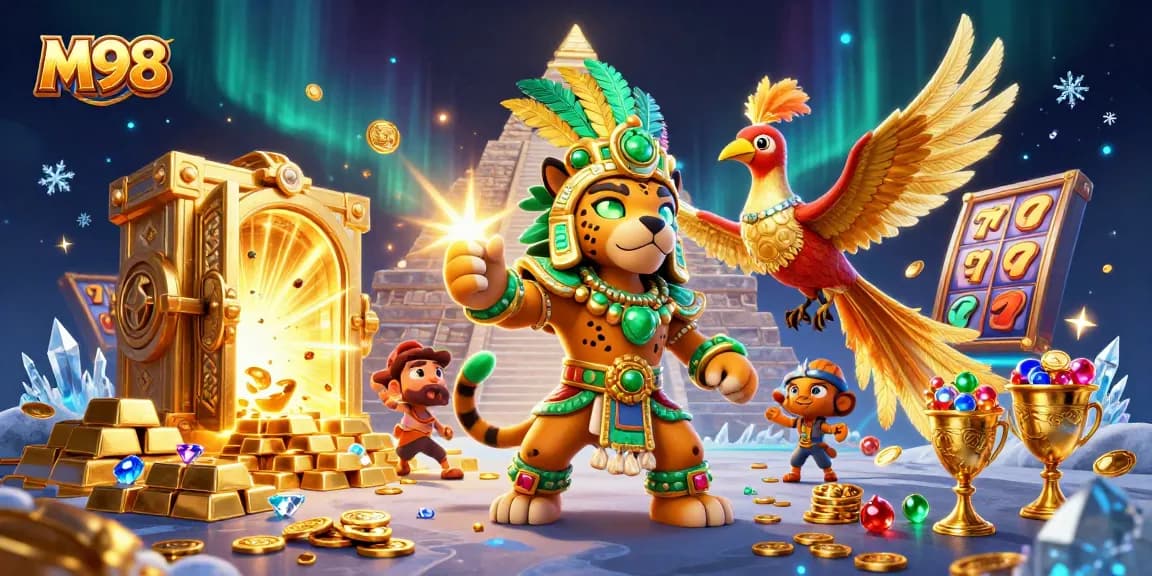 M98 brings excitement to gameplay with a vivid 3D casino illustration featuring a Mayan priest and treasures.
