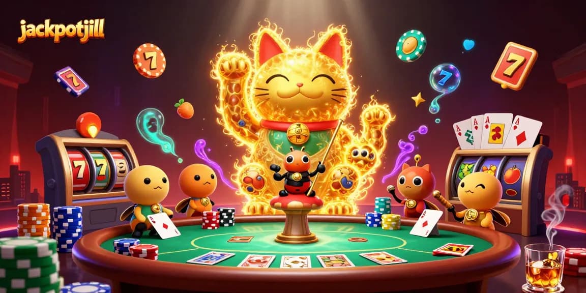 Engage with jackpotjill in a thrilling 3D illustrated scene filled with rich casino elements.