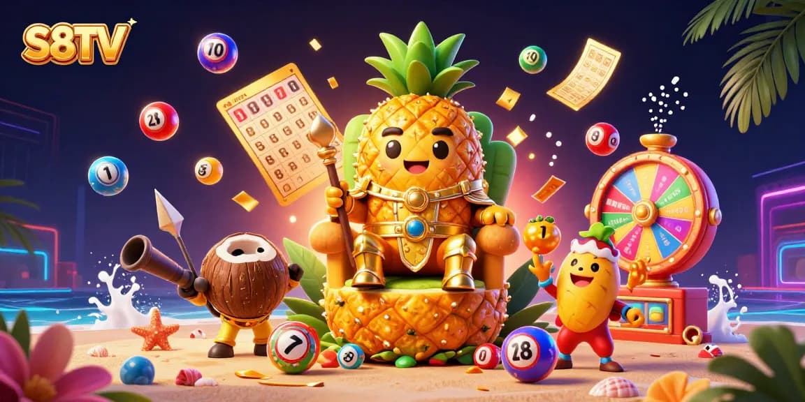 S8TV offers vibrant visuals of a casino-themed fantasy with a golden pineapple king and dynamic gaming elements.