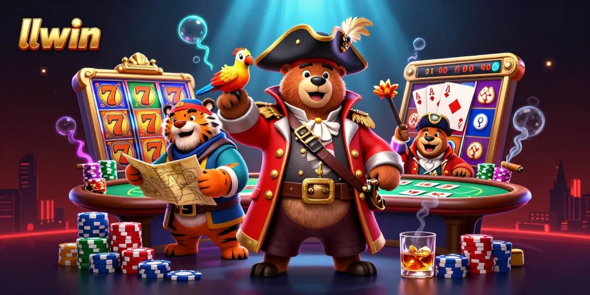 llwin captivates with a vibrant scene of iconic casino elements including slot reels and poker chips