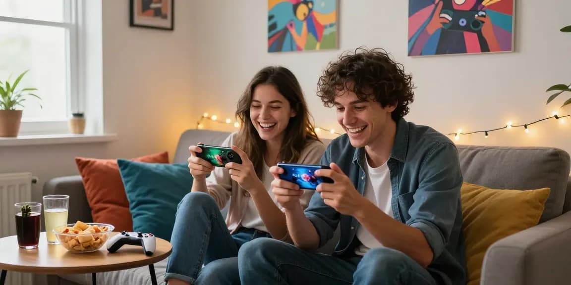 Couple enjoying mobile porn games in cozy gaming nook with snacks and cushions.