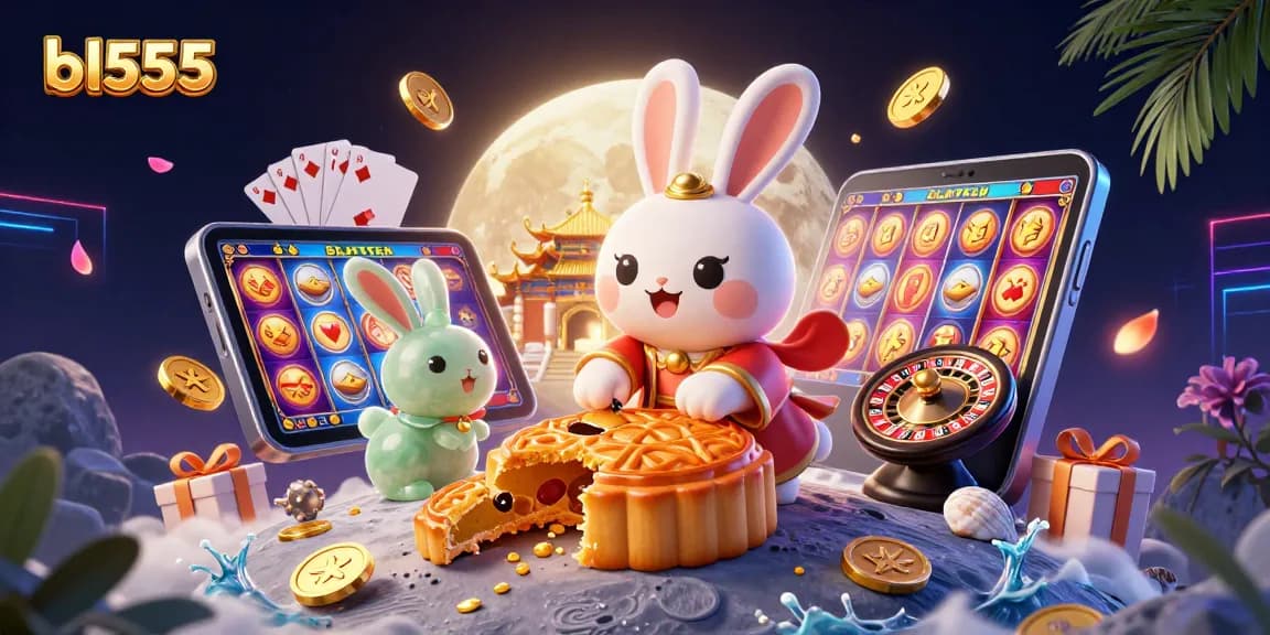 Experience fortune with bl555 as the moon rabbit reveals hidden poker chips in this vibrant casino scene.