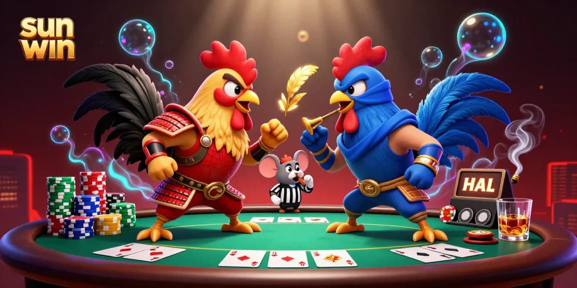 Experience the thrill of sun win with epic rooster battles at the poker table, featuring vibrant animations.