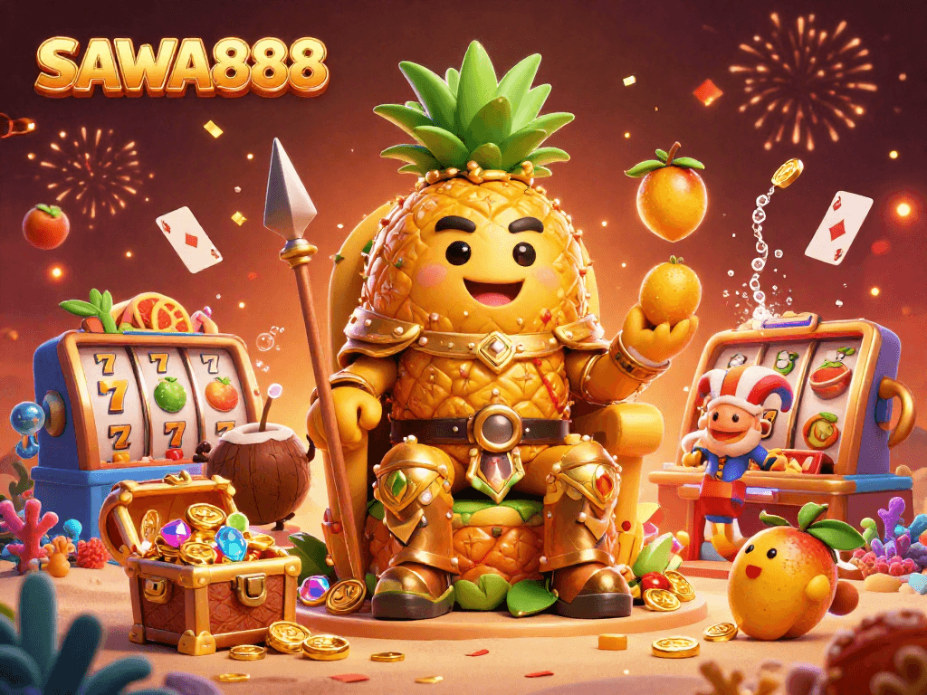 Experience the vibrant excitement of SAWA888 with jackpot spins and colorful celebrations in this captivating casino illustration.