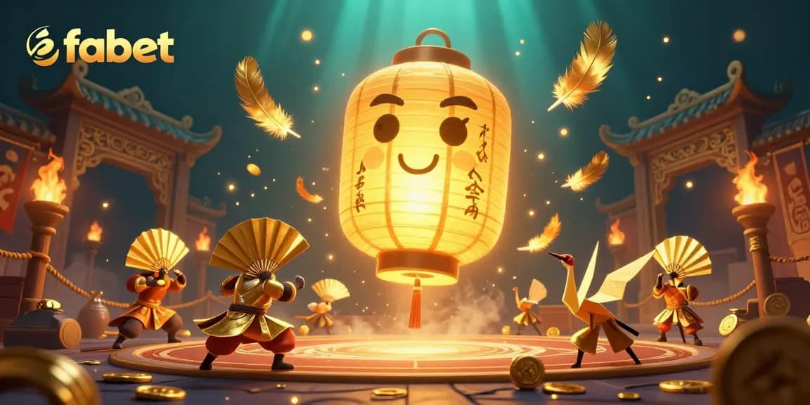 Immerse in fabet's vibrant casino action with a glowing lantern spirit and whimsical characters.