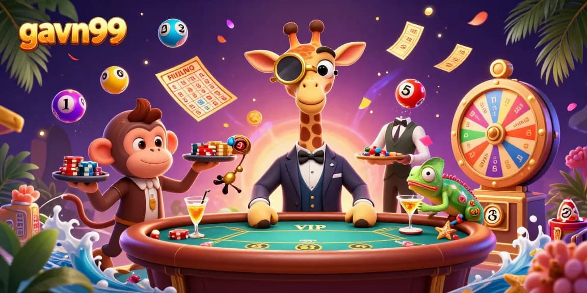 Engage with gavn99's vibrant casino scene featuring a high-roller giraffe at a poker table.