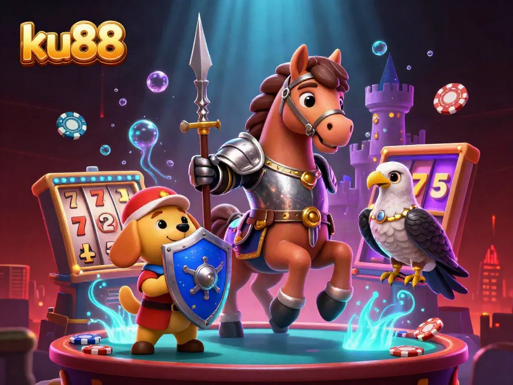 Join the action at ku88 with a knight and squire enjoying casino games amidst dynamic lights and gaming elements.