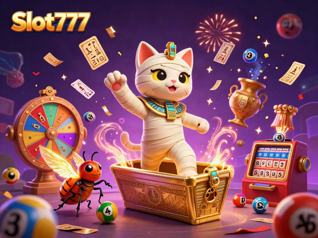 Play Slot777 with an exciting scene depicting a mummy cat and scarab beetle amidst colorful casino elements.