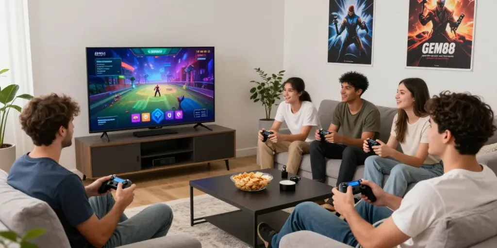 Friends enjoying GEM88 multiplayer games in a vibrant living room