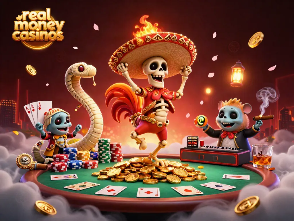 Experience thrilling wins at real money casinos with vibrant characters celebrating on golden coins.