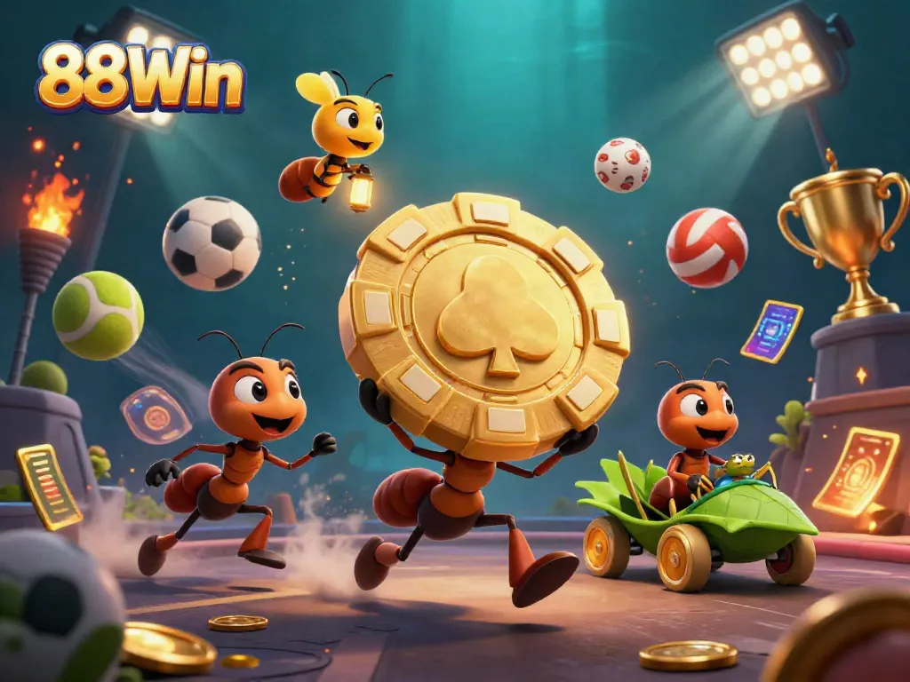 Experience thrilling heist action with 88Win’s ants and grasshopper in a vibrant casino scene.