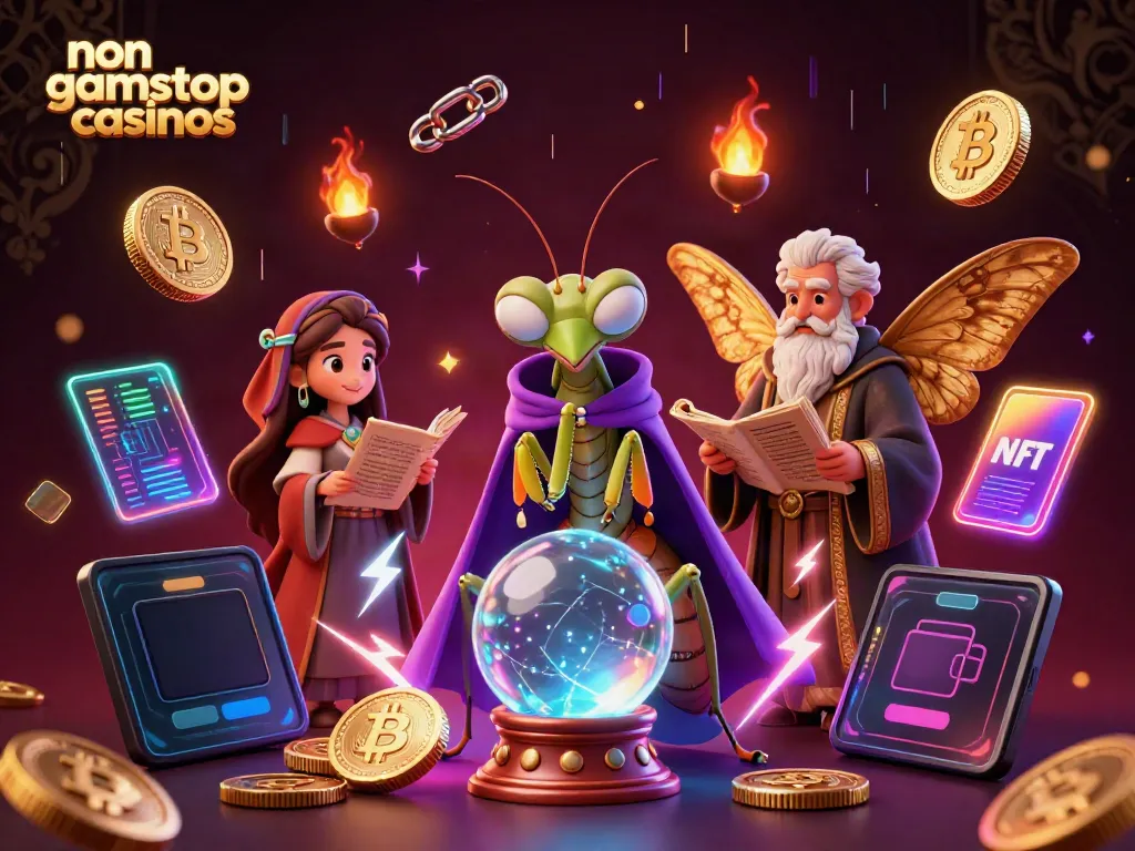 Engage with non gamstop casinos through a mystical 3D scene featuring a fortune teller and librarian.