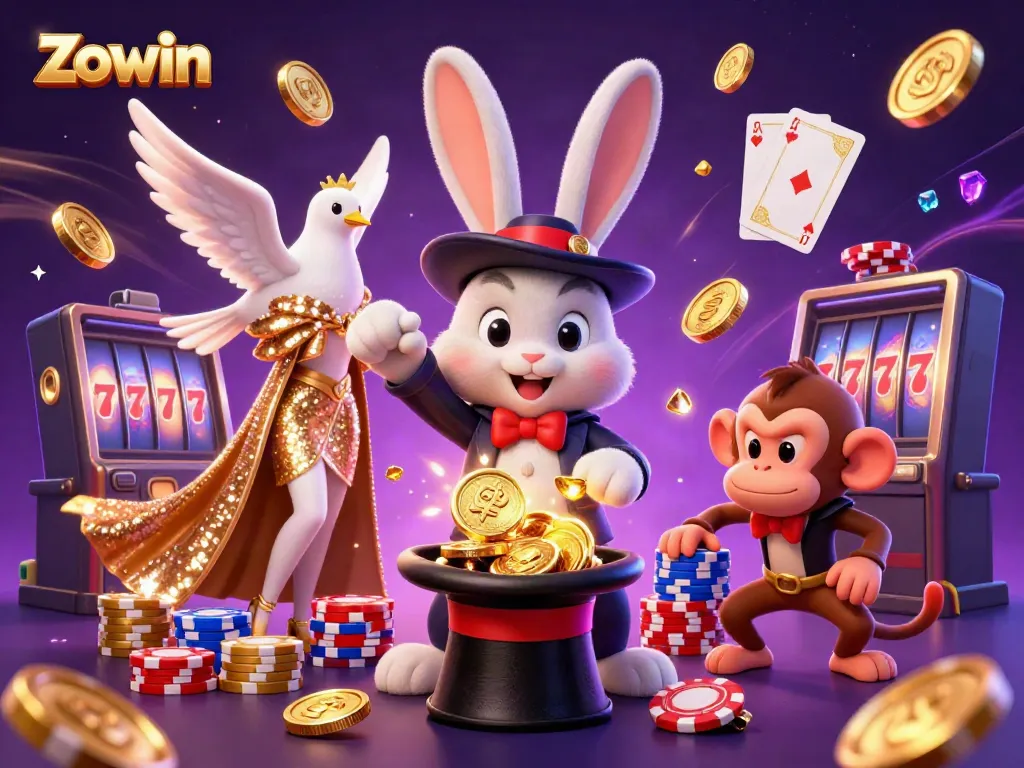 Win big at Zowin with a magical casino scene featuring coins, cards, and a whimsical rabbit.
