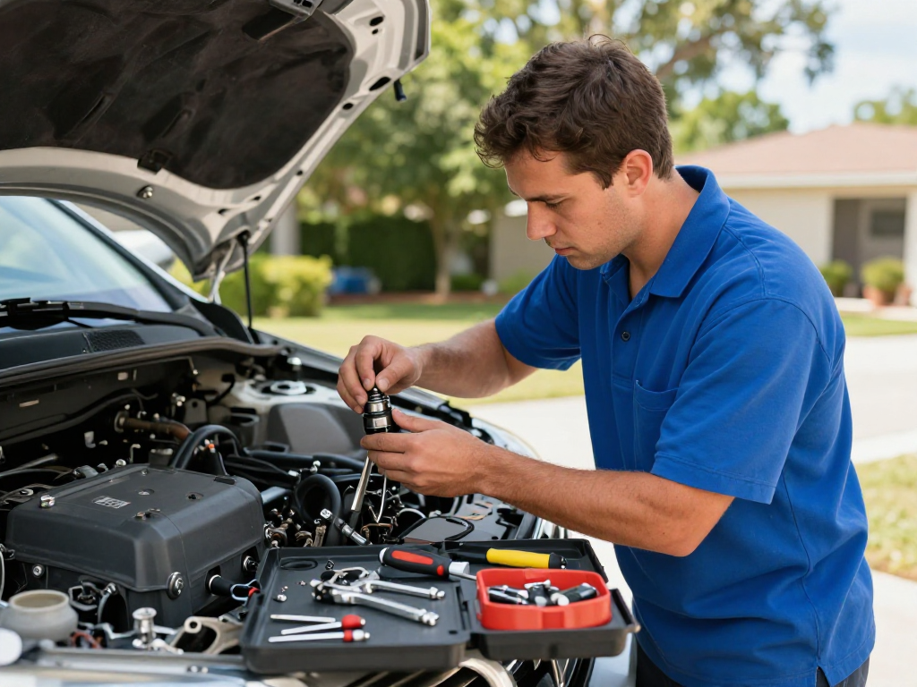 Ignition repair Port St. Lucie technician working on car repair in driveway.