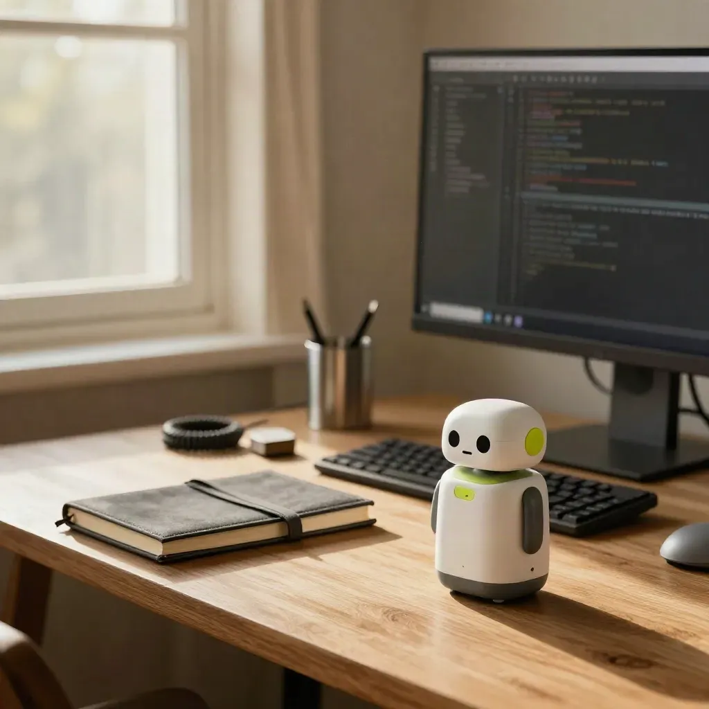 Cozy Python practice station with robot, closed notebook, and angled monitor by a window.