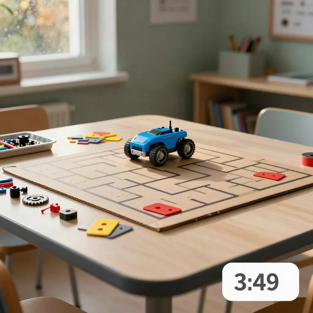 Robot car in a coding maze with Scratch tiles and robotics parts in a moody classroom.