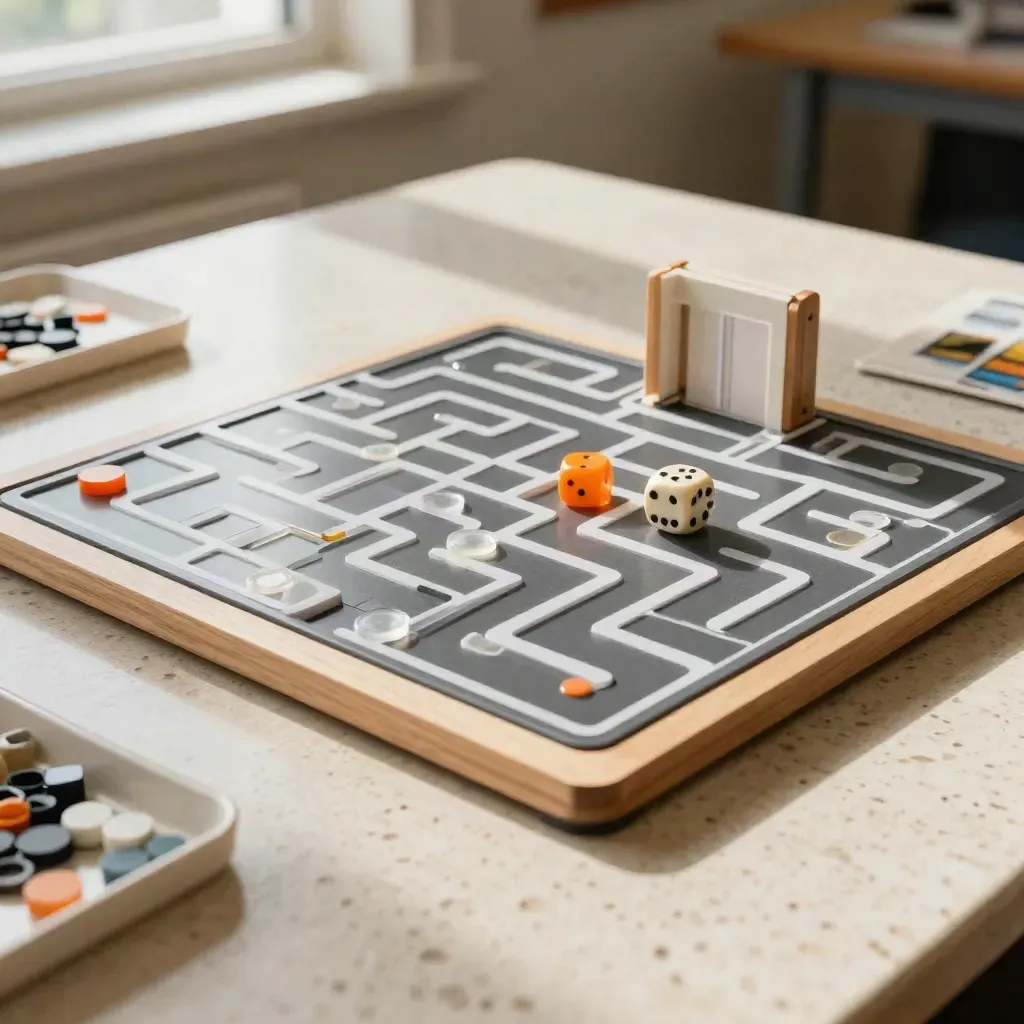 Maze game board with dice, chips and tokens on a travertine table
