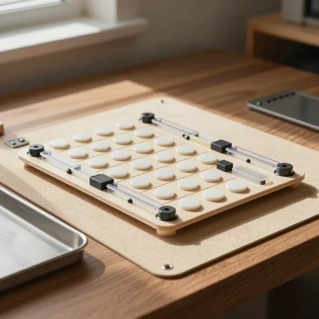 Modular app-logic tiles and buttons arranged on a walnut workbench in a makerspace.