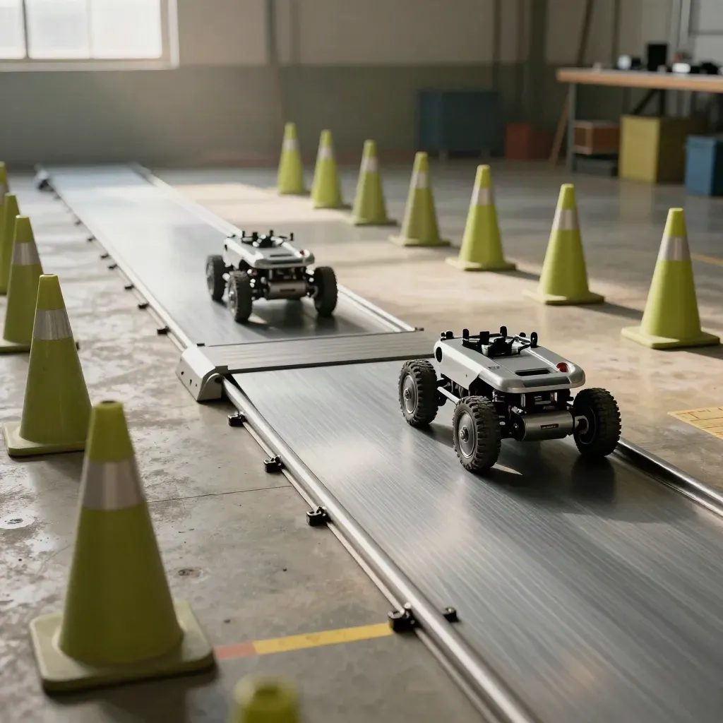 Robot race lane with two bots, ramp and cones in a workshop