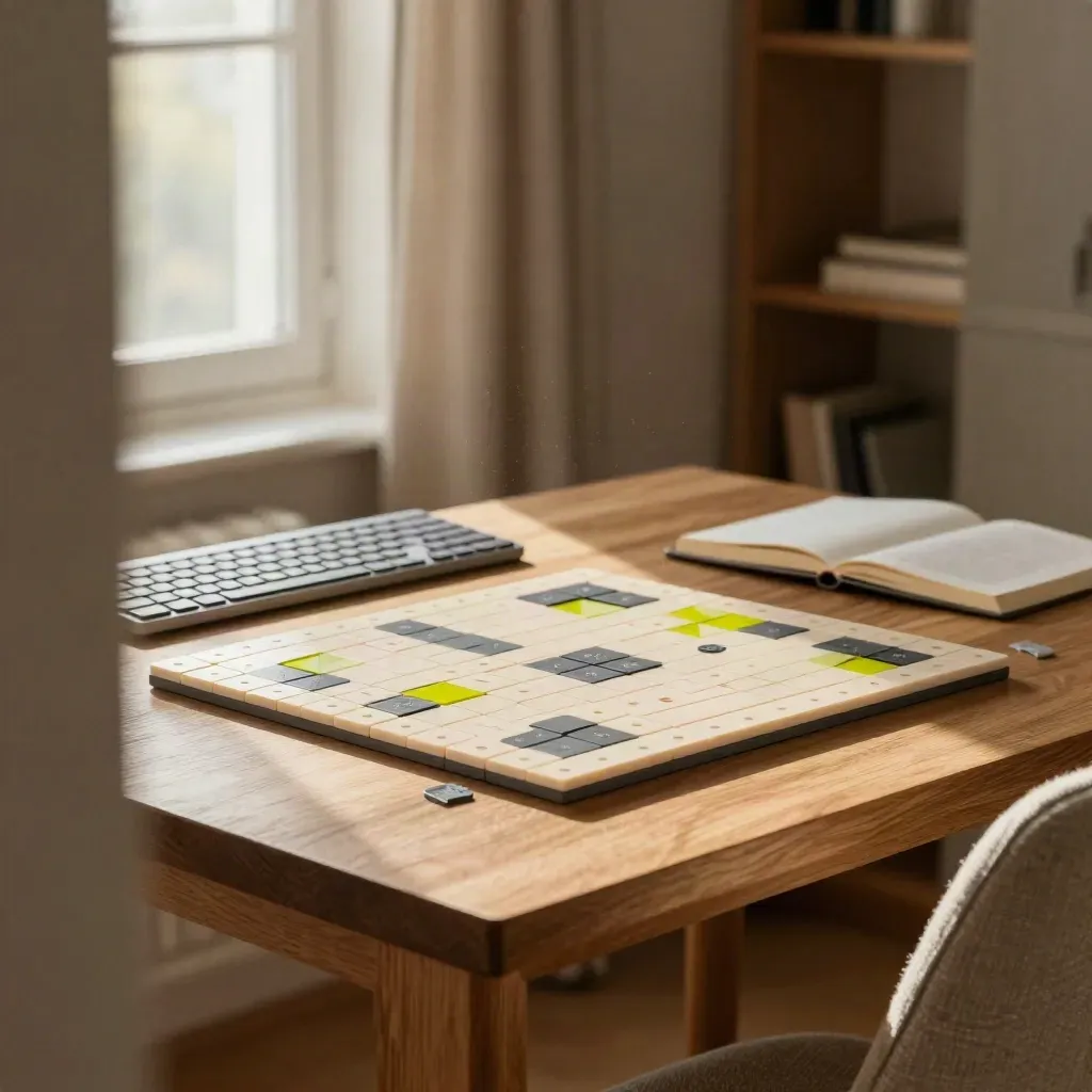 Home desk with coding blocks, keyboard, and closed notebook in warm window light