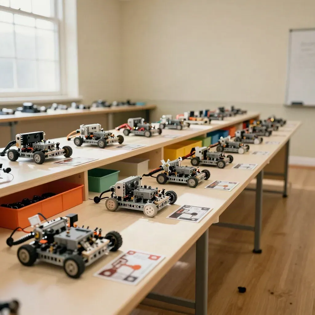 Row of robot kits and storage tubs ready for a kids coding club session
