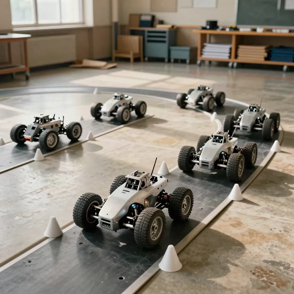 Six small robot racers on a curved hall track after robotics day, with cone markers and soft daylight.