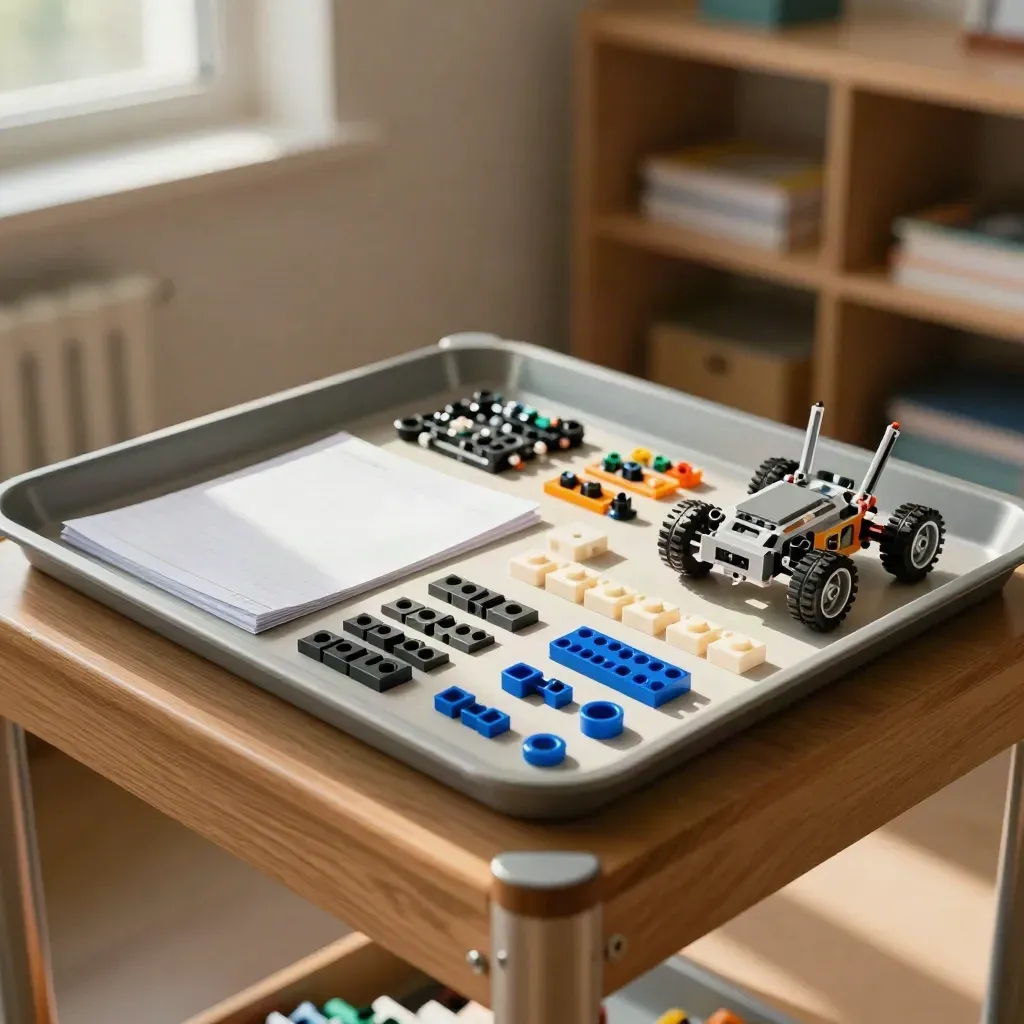 Blue classroom tray with robot parts, block tiles and face-down notes on a prep trolley