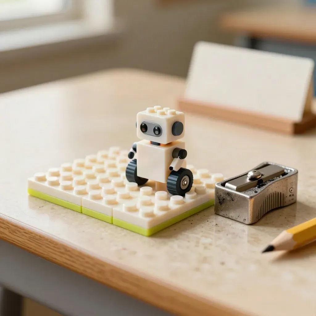 Macro still life of coding blocks, a mini robot and a worn sharpener on a teacher’s desk