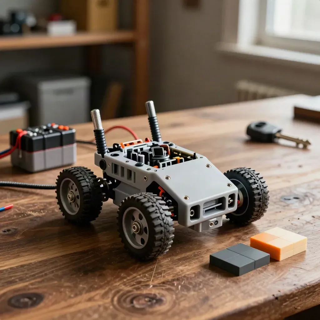 Robot chassis, battery pack, cables and colour tiles on a walnut workbench under dramatic light.