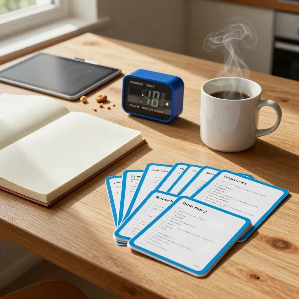Overhead home-learning desk still life with notebook, coding cards, timer and steaming mug.