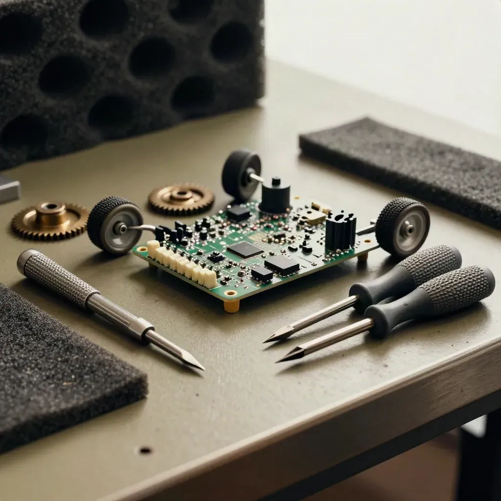 Robotics tools, gears and a sensor board on a khaki workbench under dramatic light