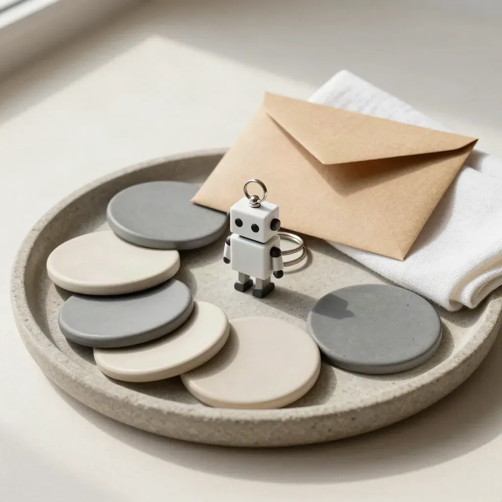 Stone tray with robot keychain, three tokens and envelope on a pale surface.