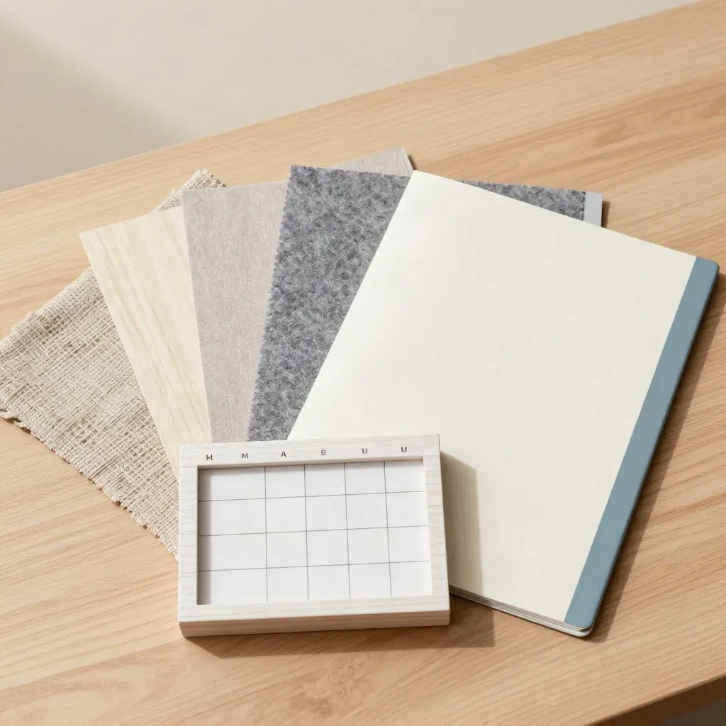 Desk still life of plan swatches, timetable block and folder on pale wood.