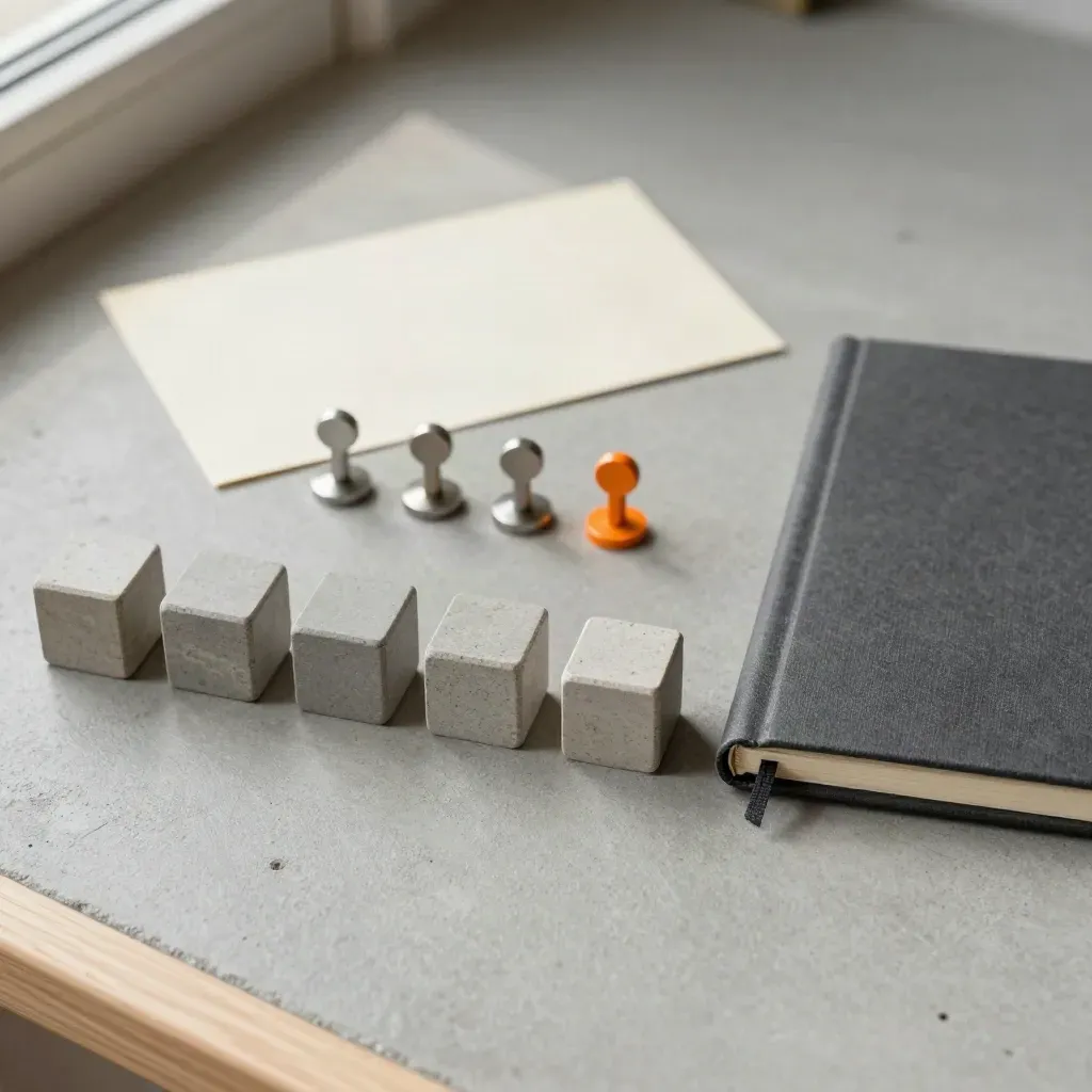 Top-down progress cubes, notebook and milestone markers on concrete in soft daylight.