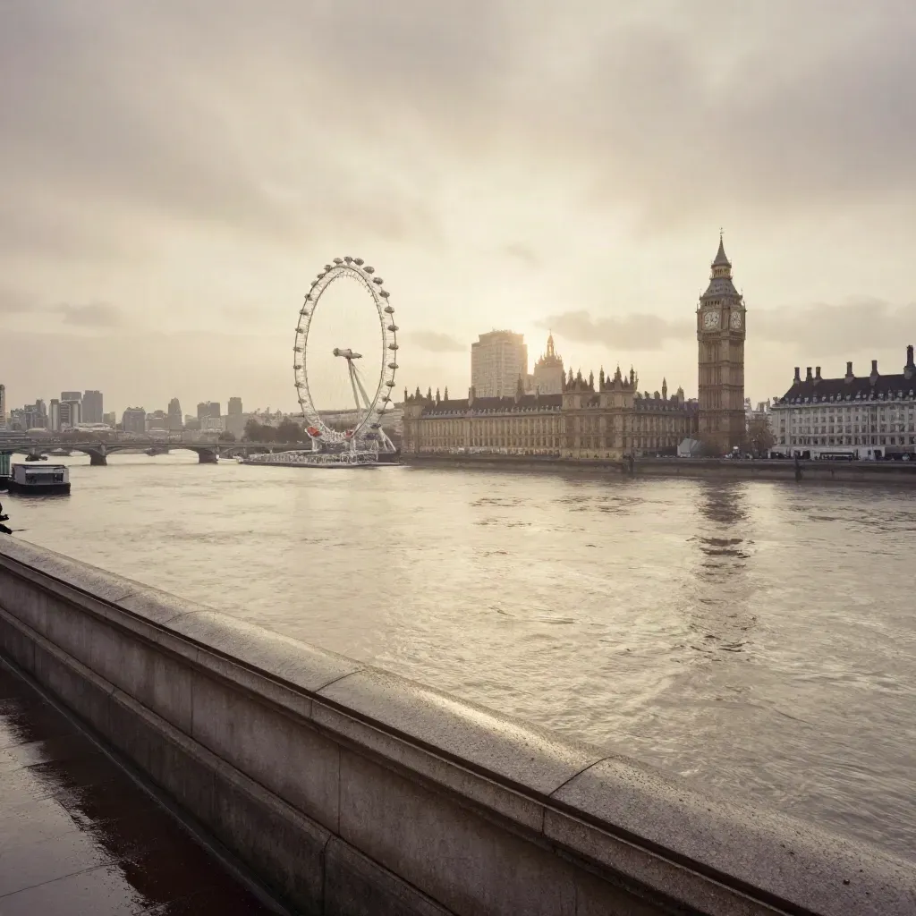 London Eye and Westminster silhouettes above a calm misty Thames at sunset.