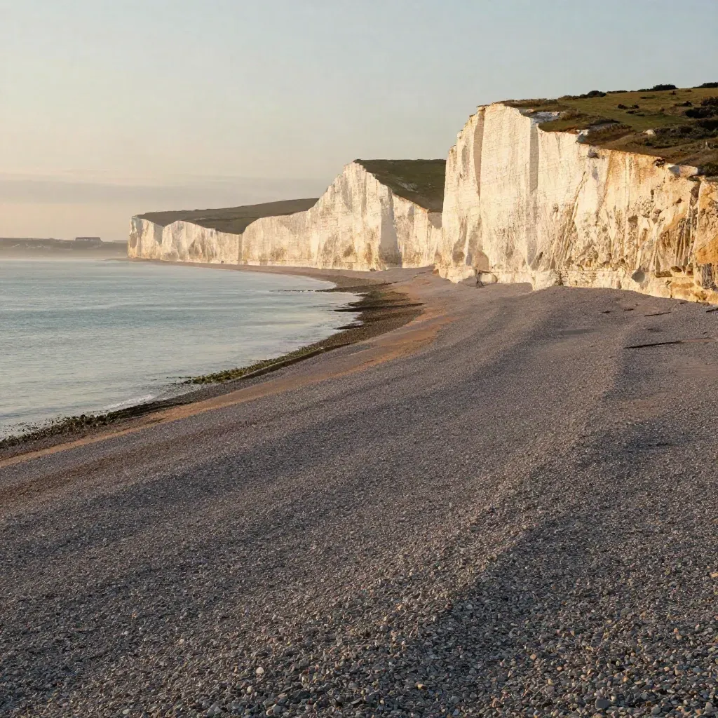 Golden-hour chalk cliffs at Beachy Head above a calm shingle shore and misty sea